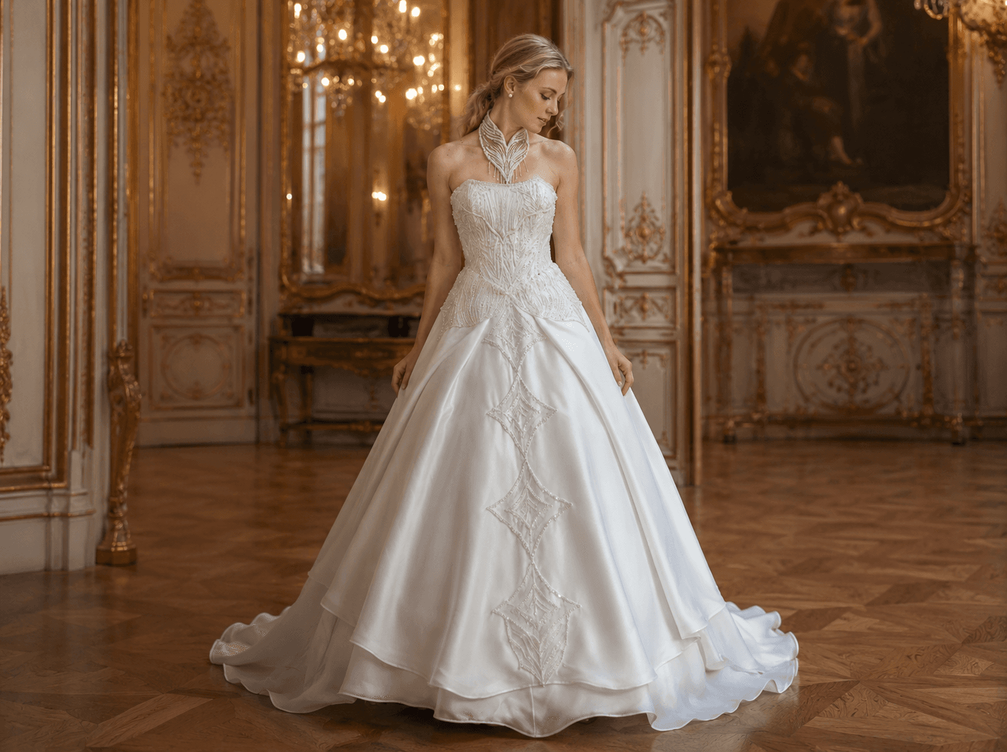 Bride in architectural couture gown in a golden palace ballroom