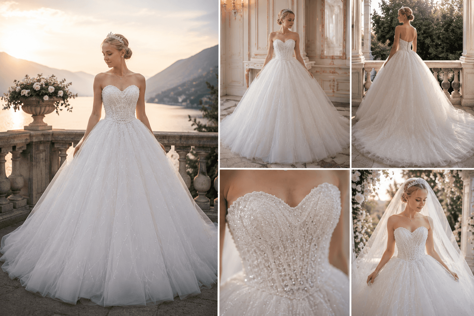 Editorial collage of luxury bridal fashion by the lake