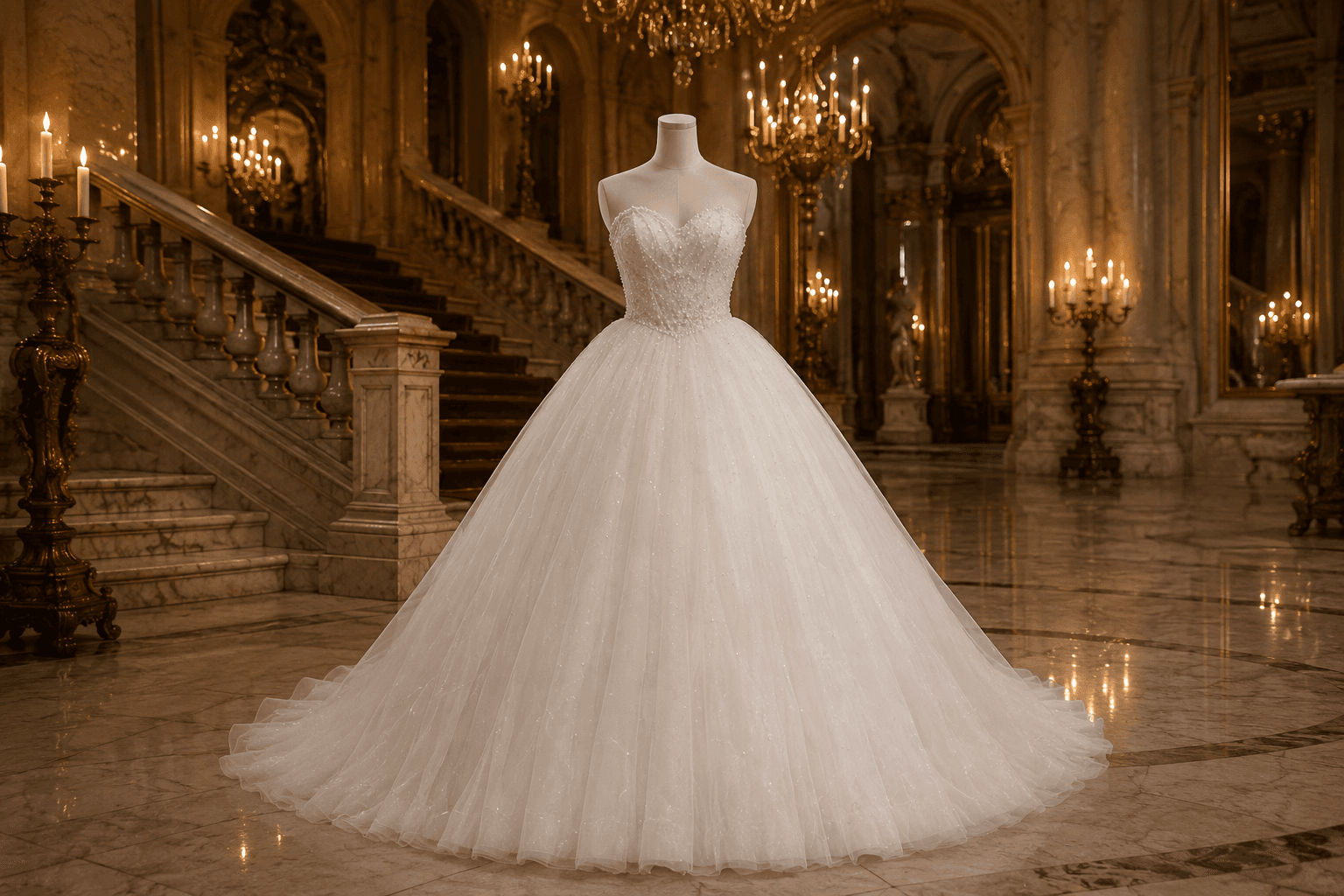 Couture ballgown on mannequin in an opulent palace