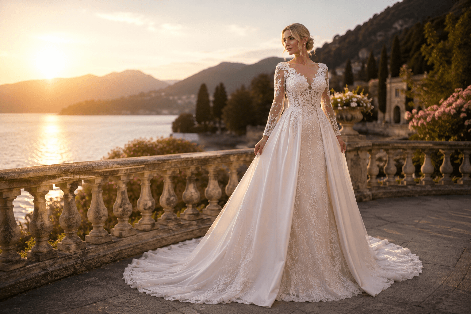 Bride in couture gown by a lakeside at golden hour